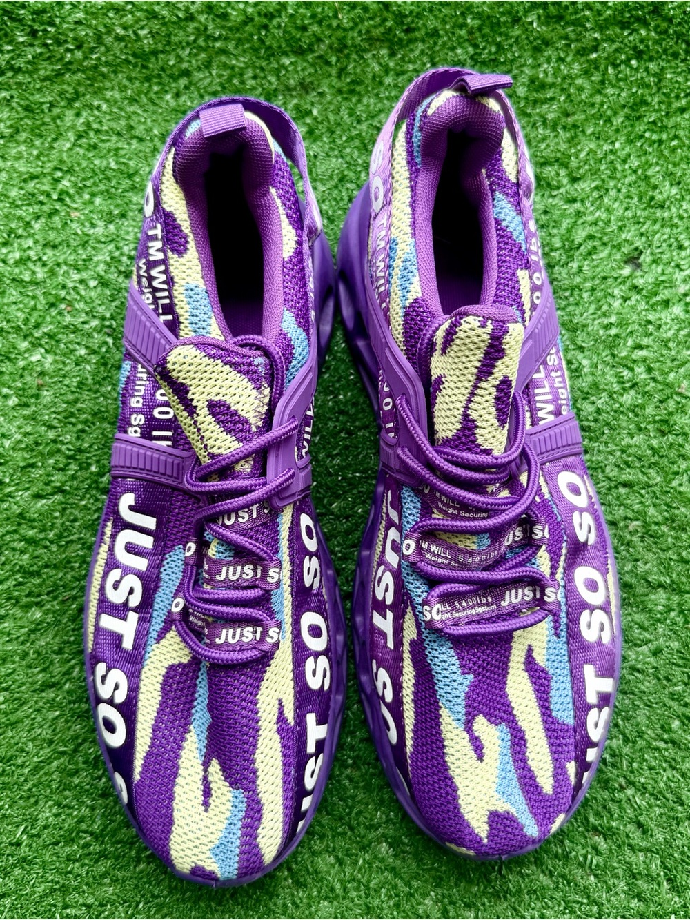 Just So Purple Yellow Camo Athletic Running Sneakers Unisex 42 US Men's 8.